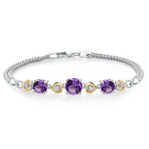 925 Sterling Silver and 10k Yellow Gold Purple Amethyst and White Lab Grown Diamond Bracelet For Women (3.28 Cttw, Round 7MM and 6MM, 6.5/7/7.5 Inch, Made In Italy)