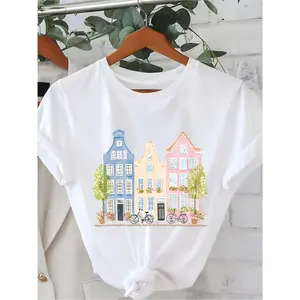 Women'S Amsterdam Dutch Print T-Shirt - Pastel Suitable For All & Dutch Architecture Design, Relaxed Fit Round Neck Short Sleeve Top, Machine Washable Casual Tee For Summer & Year-Round Wear, Comfortable Everyday Dutch Style Blouse