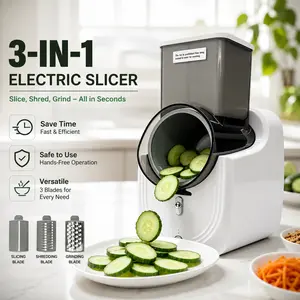3-in-1 Electric Vegetable Slicer, Fast Kitchen Chopper & Shredder with 3 Blades for Slicing, Shredding & Grinding, Safe Hands-Free Operation
