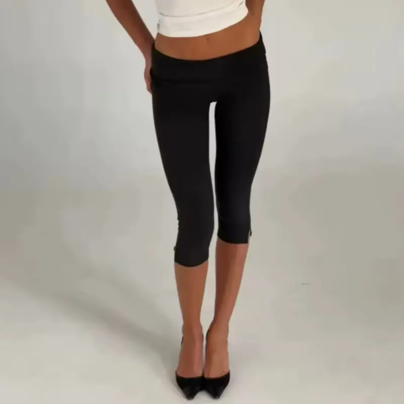 Individuality Low Rise Split Hem Length Skinny Pants Women Solid Fold Over Capri Leggings Casual Summer Streetwear Yoga Pants shirts