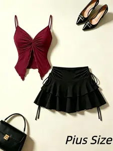 Y2K Millennium Style Plus Size Knot Strap Set, Two-Piece Sweet Cool Girl, Layered Ruffle Short Skirt, Basic Fashion Ensemble