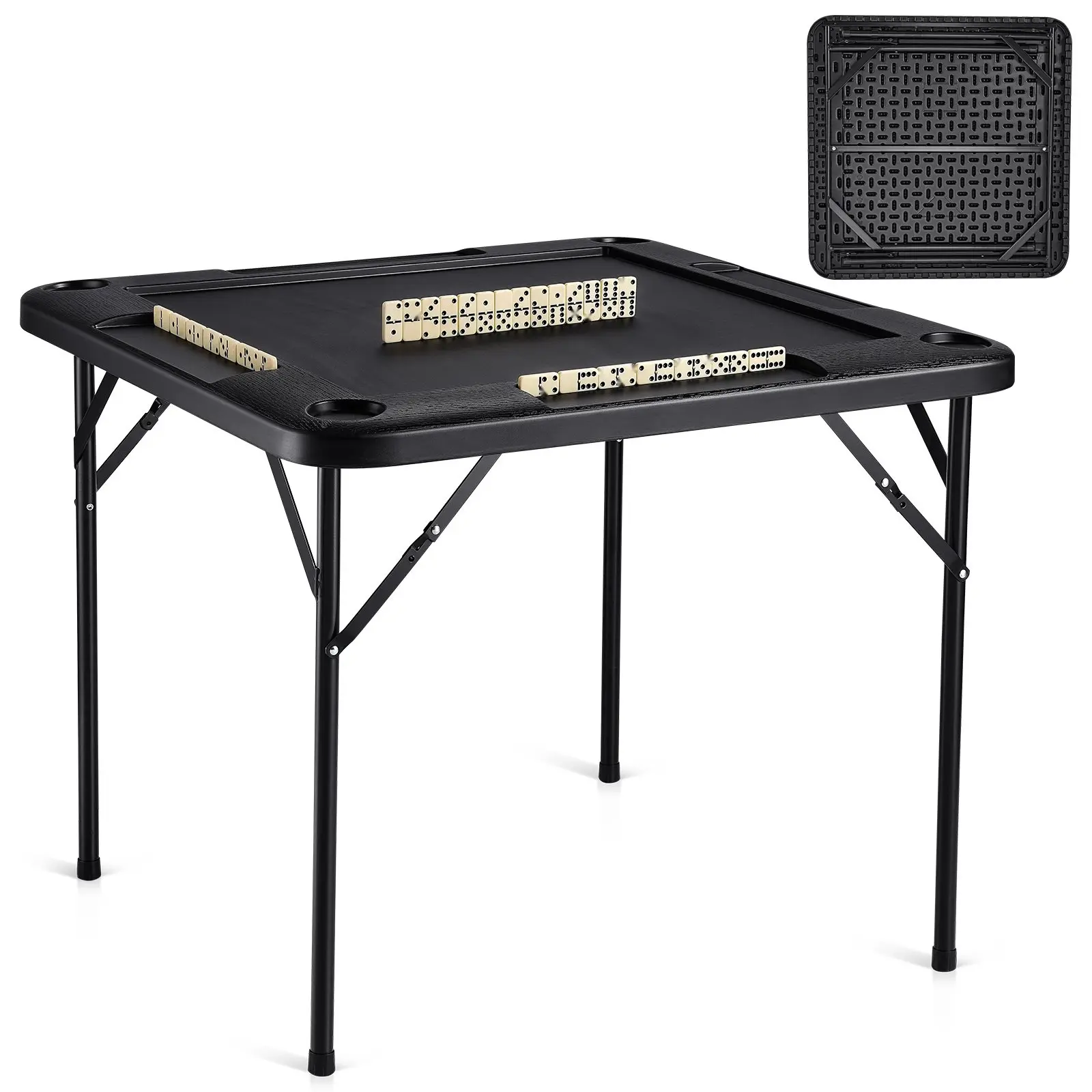 Mahjong Table For Four Players - Folding Card Table With Four Cup Holders And Chip Trays, Black Finish - Portable, Space-Saving Game Table For Mahjong, Card Games, Poker, Board Games Ideal For Home Use, Family Rooms, And Parties