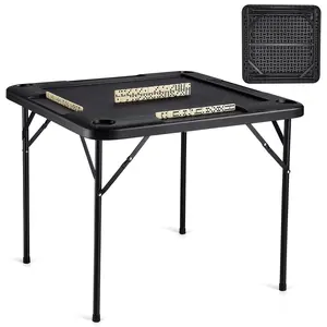 Mahjong Table For Four Players - Folding Card Table With Four Cup Holders And Chip Trays, Black Finish - Portable, Space-Saving Game Table For Mahjong, Card Games, Poker, Board Games Ideal For Home Use, Family Rooms, And Parties