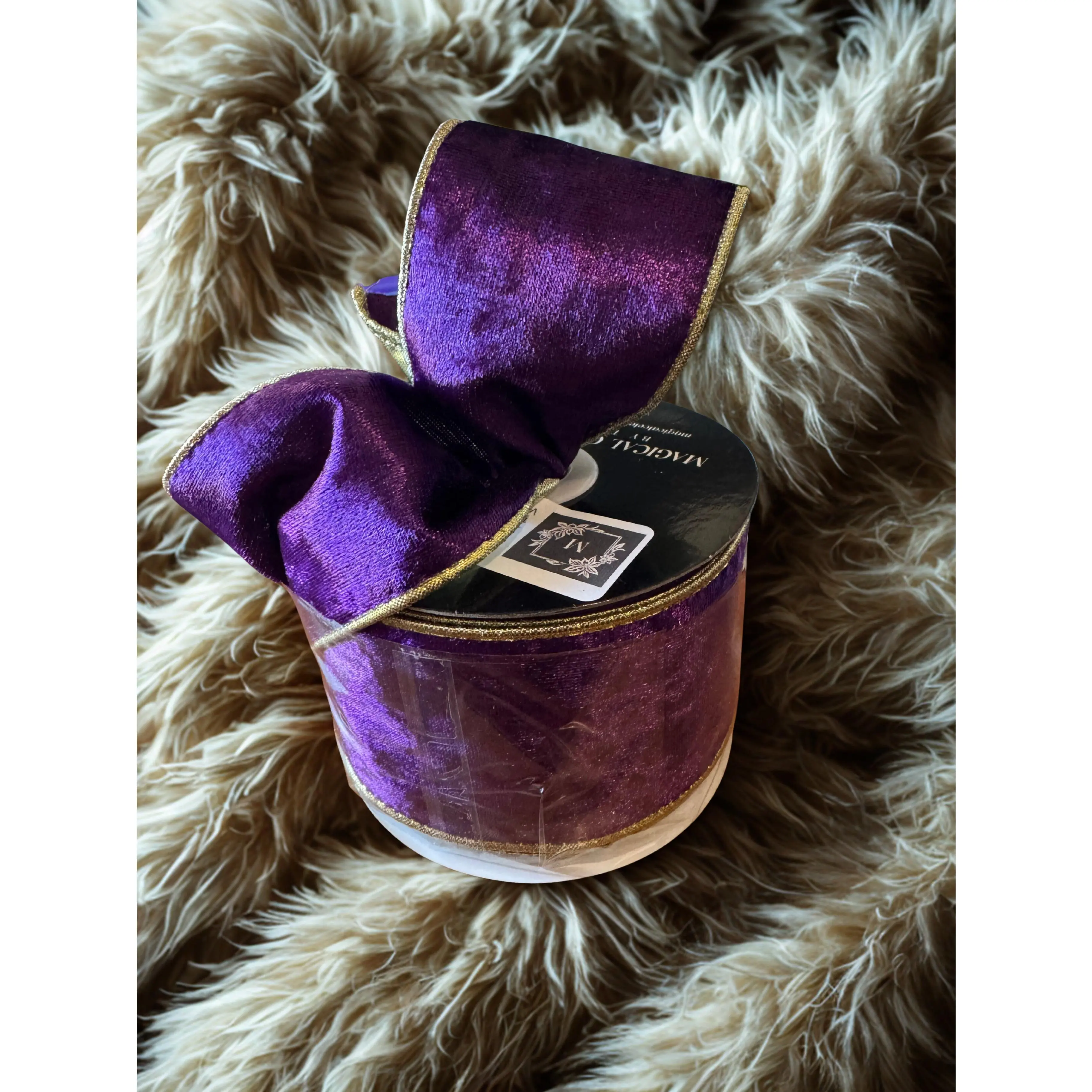 2.5 in Luxury Purple Velvet Ribbon with Wired Edges, Gold Satin Back, 10-yd Roll - Ribbon Fabric Trim & Embellishments for Crown, Holiday Decor Sewing Accessories