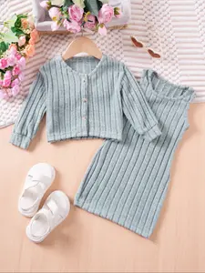 Girls' Spring & Fall Casual Matching Outfits Set, 2-Piece Single-Breasted Jacket & Sleeveless Dress Combo, Fitted Moderate Fabric, Fashion Set