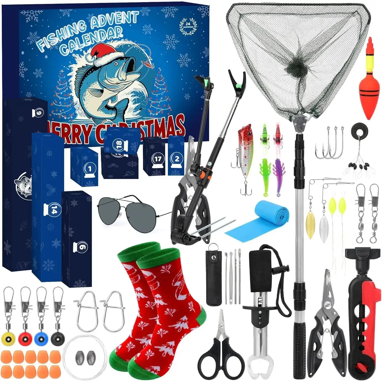 Fishing Advent Calendar 2025 for Adult Men Teen Boys, 24 Days Christmas Countdown Surprise Gifts Fishing Tools and Lures for Fisher Husband Dad Boyfriend Grandpa, Including Fishnet, Lures, Lip Gripper