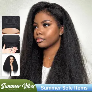 CindiRiver Kinky Straight Half Wig 100% Human hair for Black Women 230% Density Draw-string Cap Seamless Flip Over Wear Go Gluless Wig Yaki Straight Natural Black