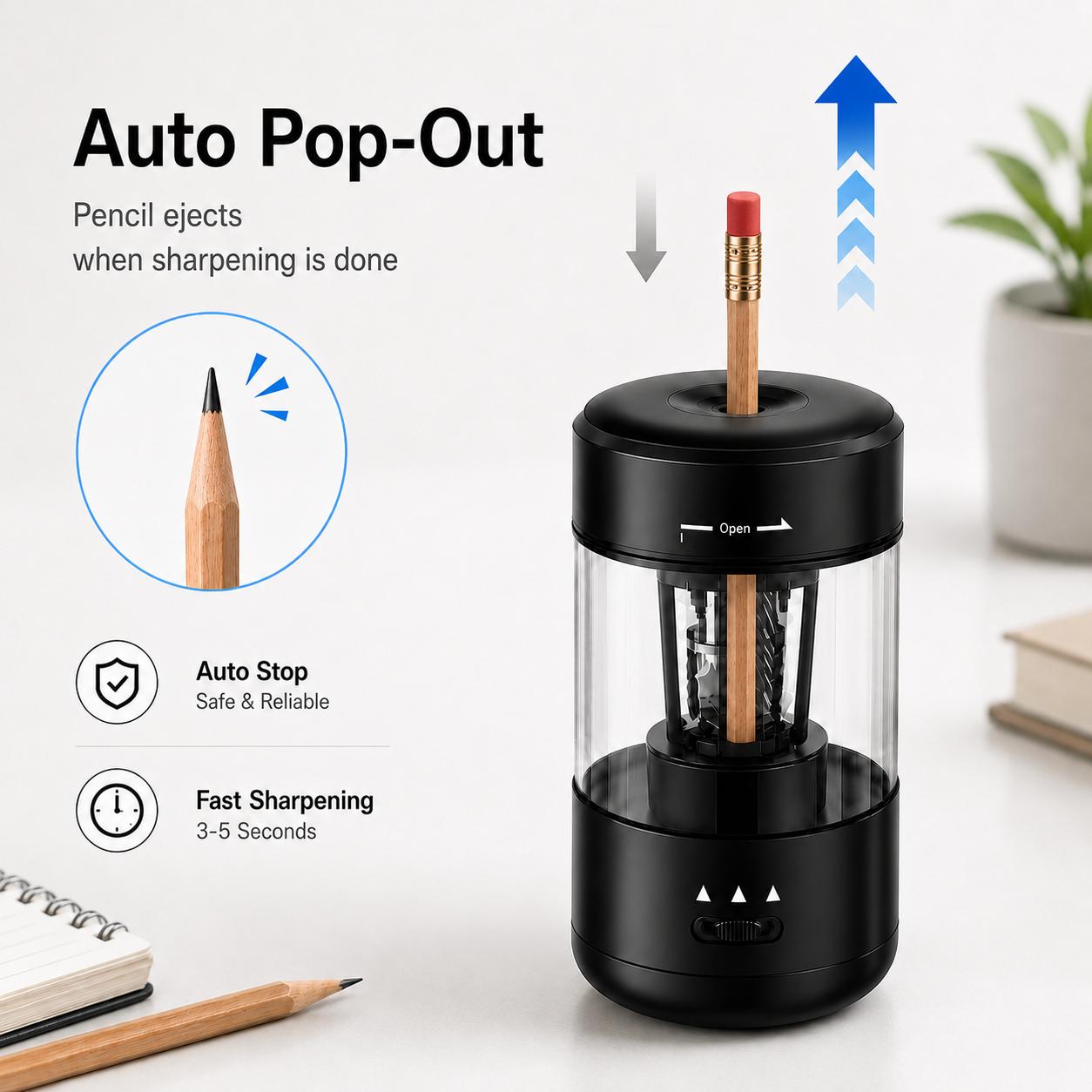 Electric Pencil Sharpener, Fully Automatic Rechargeable Pencil Sharpener with No-Touch Auto In & Out, Type-C Rechargeable for 6-8mm Pencils & Colored Pencils, Desk Supplies for Teachers, Elementary Students, Home & Classroom, Perfect Holiday Gift