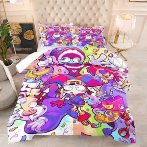 Magical Digital Circus Anime Vibrant Print Pattern Printed Quilt Cover Set, Perfect for Children and Young People's Bedroom or Dormitory Decoration Gifts, Includes 1 Quilt and 1 or 2 Core Free Pillowcases