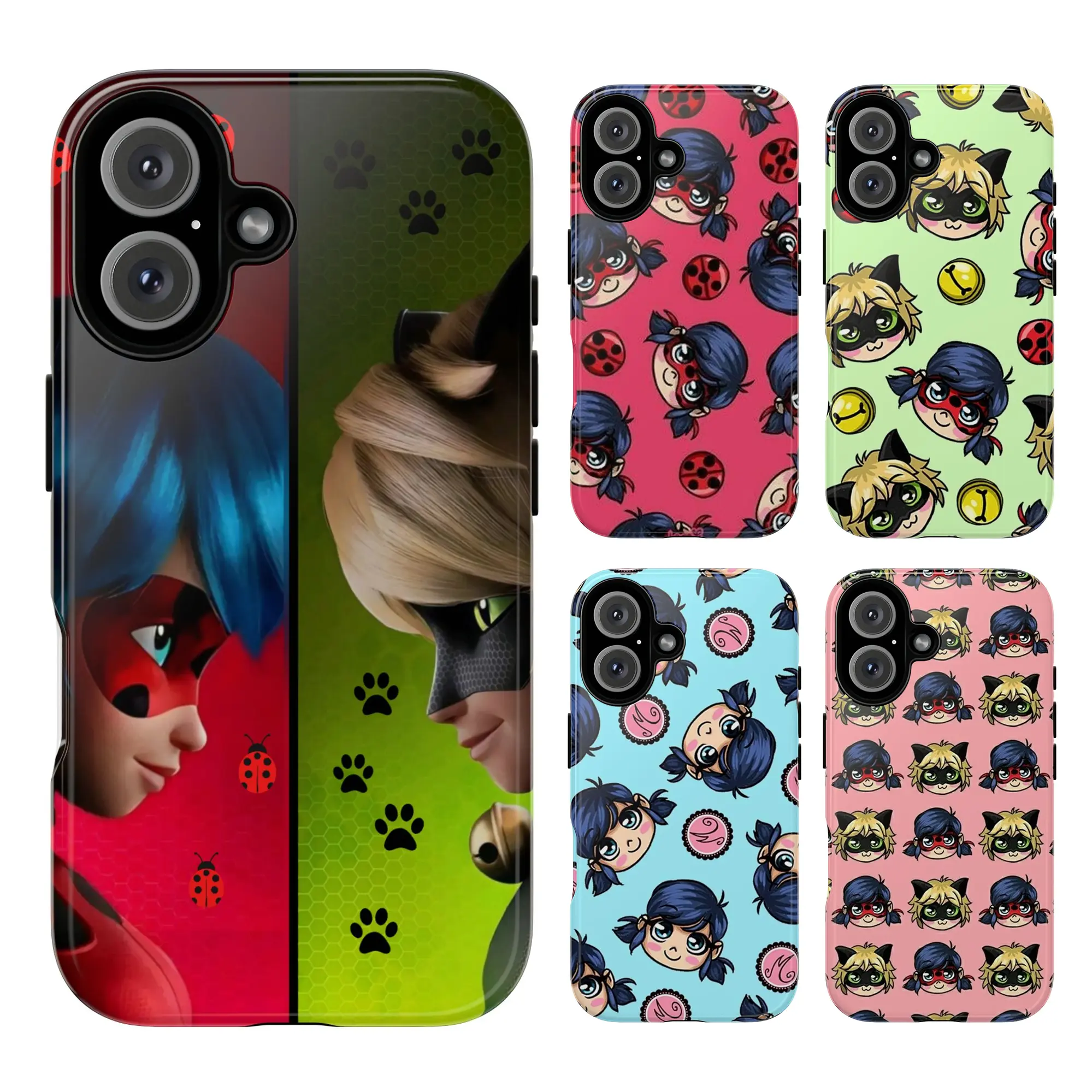 Ladybug Cat Noir Phone Case, Miraculous Cartoon Split Face Pattern Paw Prints Ladybug Cat Noir Repeating Character Faces Blue Hair Yellow Bell Cute Anime Style Playful Artistic Retro Aesthetic for iPhone 17 17 Pro Max 17 Pro 17 16 15 14 13 12 11