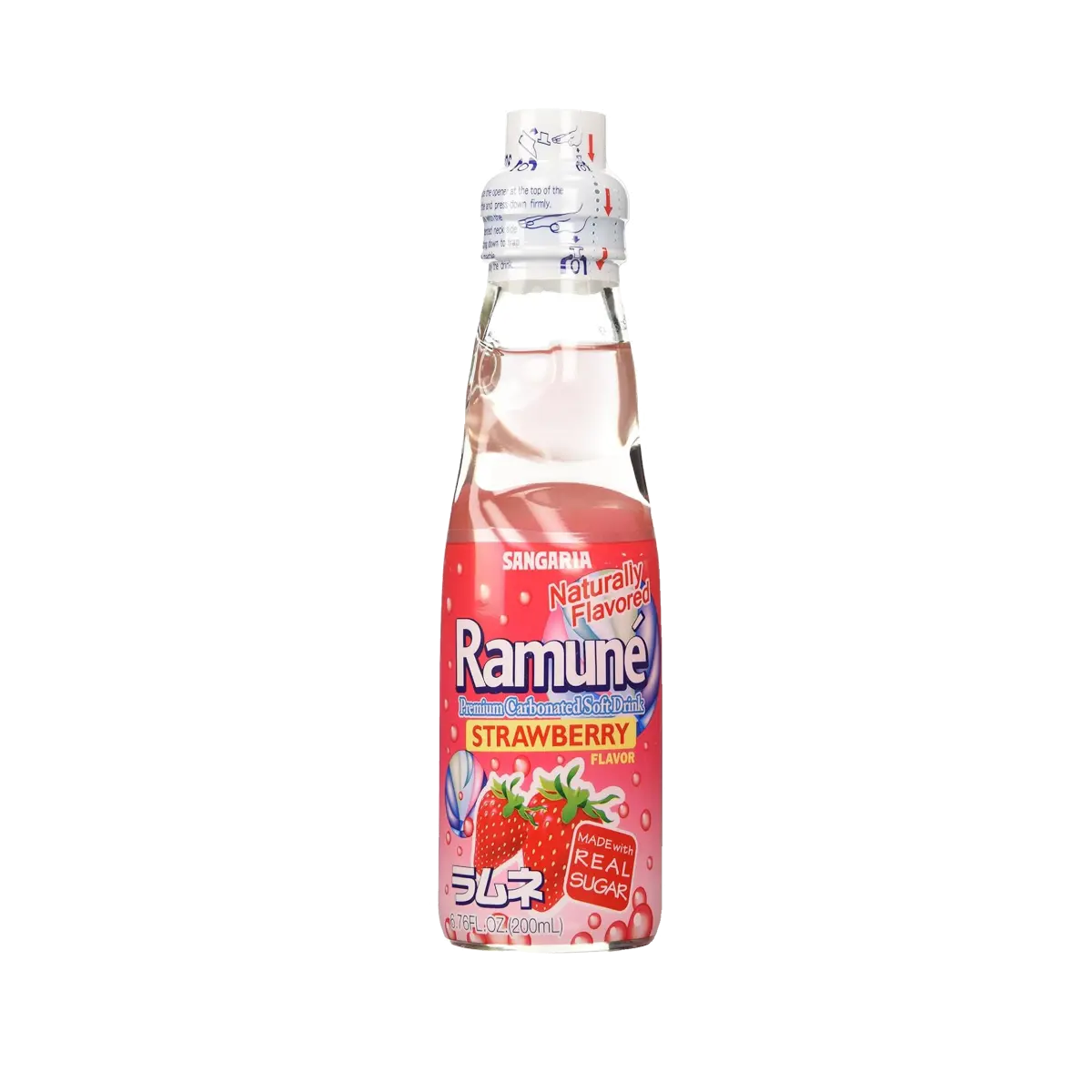 Sangaria Ramune Marble Carbonated Beverage - Strawberry Flavored, Vitamin C-Infused, Natural Real Sugar, Fruity Ambient Water, 200ml Bottle