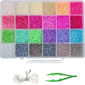 8400 Pieces Glass Beads 3mm, Includes Tweezers & Thread, DIY Beading Accessories, Perfect for DIY Jewelry Making, Bracelets, Necklaces, Earrings (24 Colors)