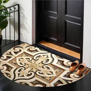 [Vintage Baroque Carving Mat] 1pc Retro European Pattern Welcome Doormat – Semi-Circular Non-Slip Design, Machine Washable Polyester Mat for Entryway, Porch, or Hallway, Perfect for Elegant & Timeless Decor, Porch Decoration | Durable Outdoor Mat
