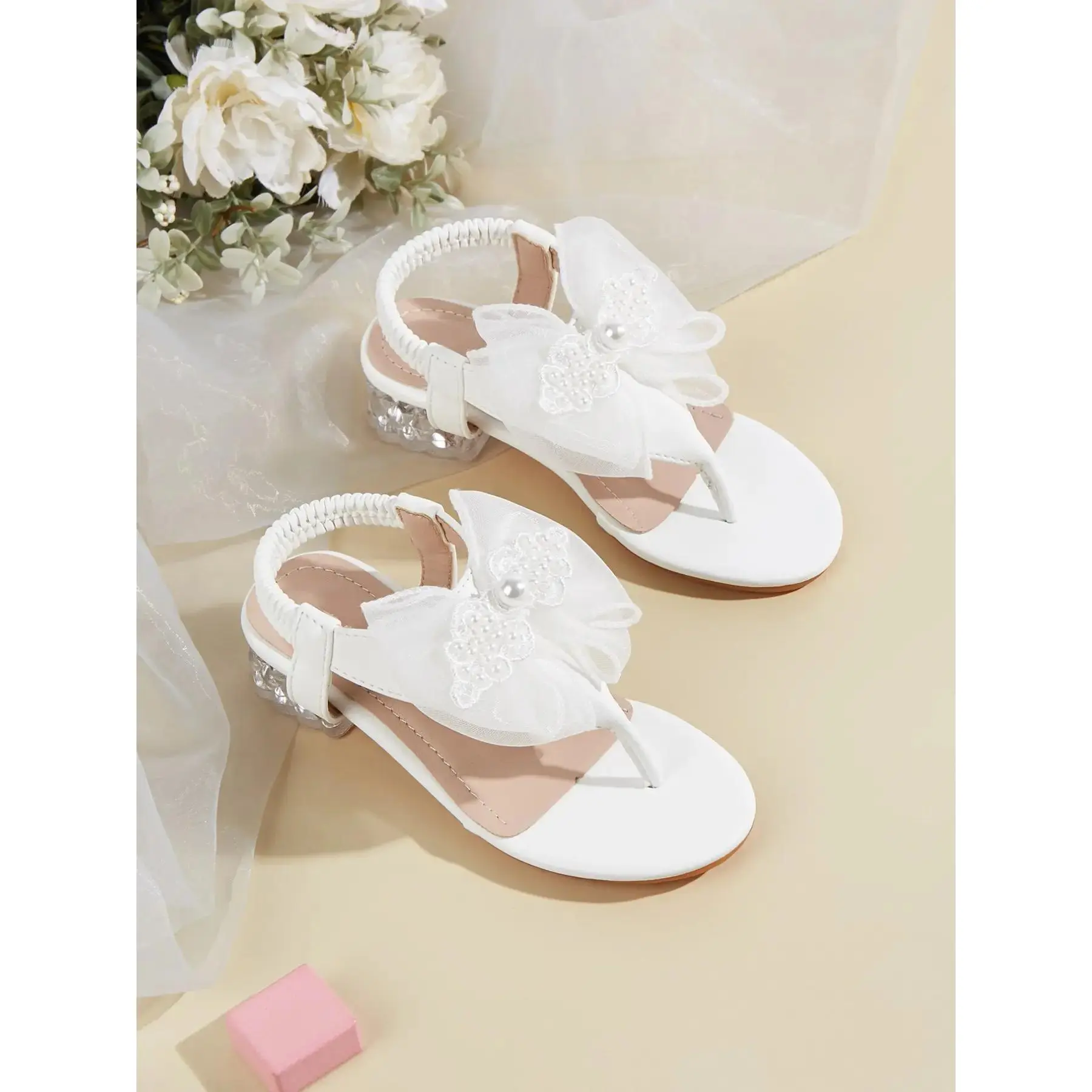 2026 Spring Summer New Girls' Trendy Sparkly High-Heel Sandals - 1 Pair PU Leather Open-Toe Slippers with Comfortable Rhinestones, Lace Embroidery, Bow Decorated Embroidered Bow for Parties