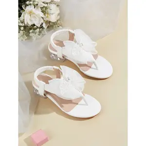 2026 Spring Summer New Girl's High Heel Sandals, Comfortable Rhinestone Lace Embroidered Bow Design, Fashion Versatile Slippers