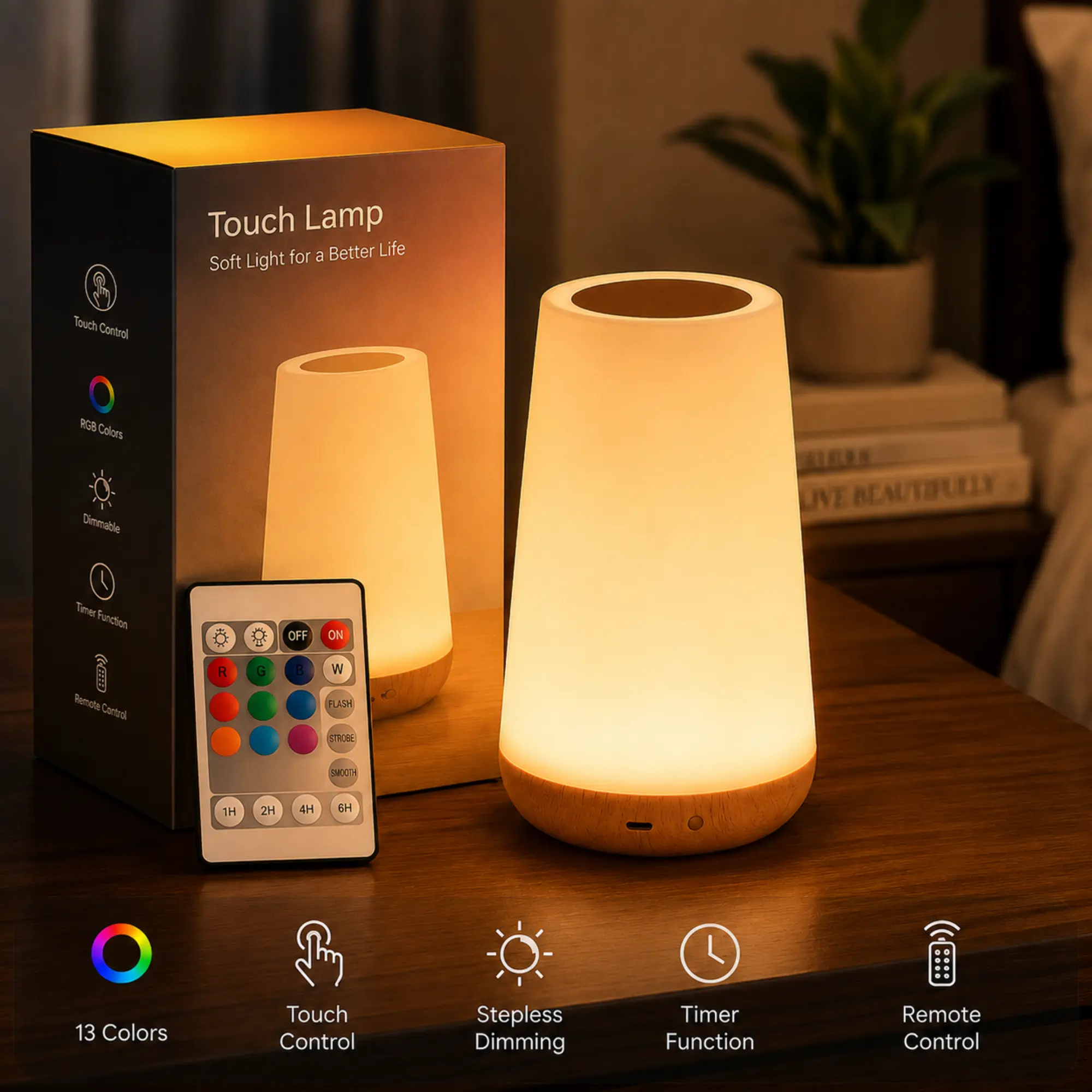 1 Touch-Controlled LED Table Lamp, Adjustable Bedroom Bedside Lamp With 3 Lighting Modes, 5 Brightness Levels And 13 Color Options, Supports USB Charging, Comes With A Remote Control And Timing Function, For Bedroom, Study, Hallway, Living Room
