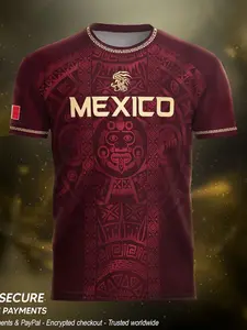 Mexico Black-Gold Aztec Sun Stone Patriotic Soccer Jersey, Football Jerseys, 3D Full-Print Short-Sleeve with Mayan Tribal Totem Breathable Quick-Dry Mesh Fabric for Mexican Patriots, Football Supporters, Cultural Collectors, Streetwear Lovers