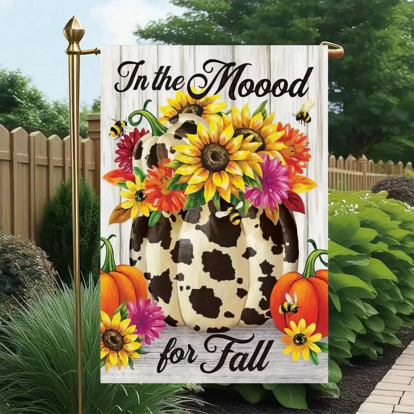 In The Mood For Fall Cow Print Pumpkin Colorful Sunflower Honey Bee Double Sided Garden Flag 12x18in, Rustic White Wood Fall Farm Outdoor Decor