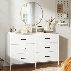 6-Drawer Dresser 47.3'' Wooden Dresser with Steel Frame, Modern Dresser Storage Cabinet for Bedroom, Living Room, Hallway (White)