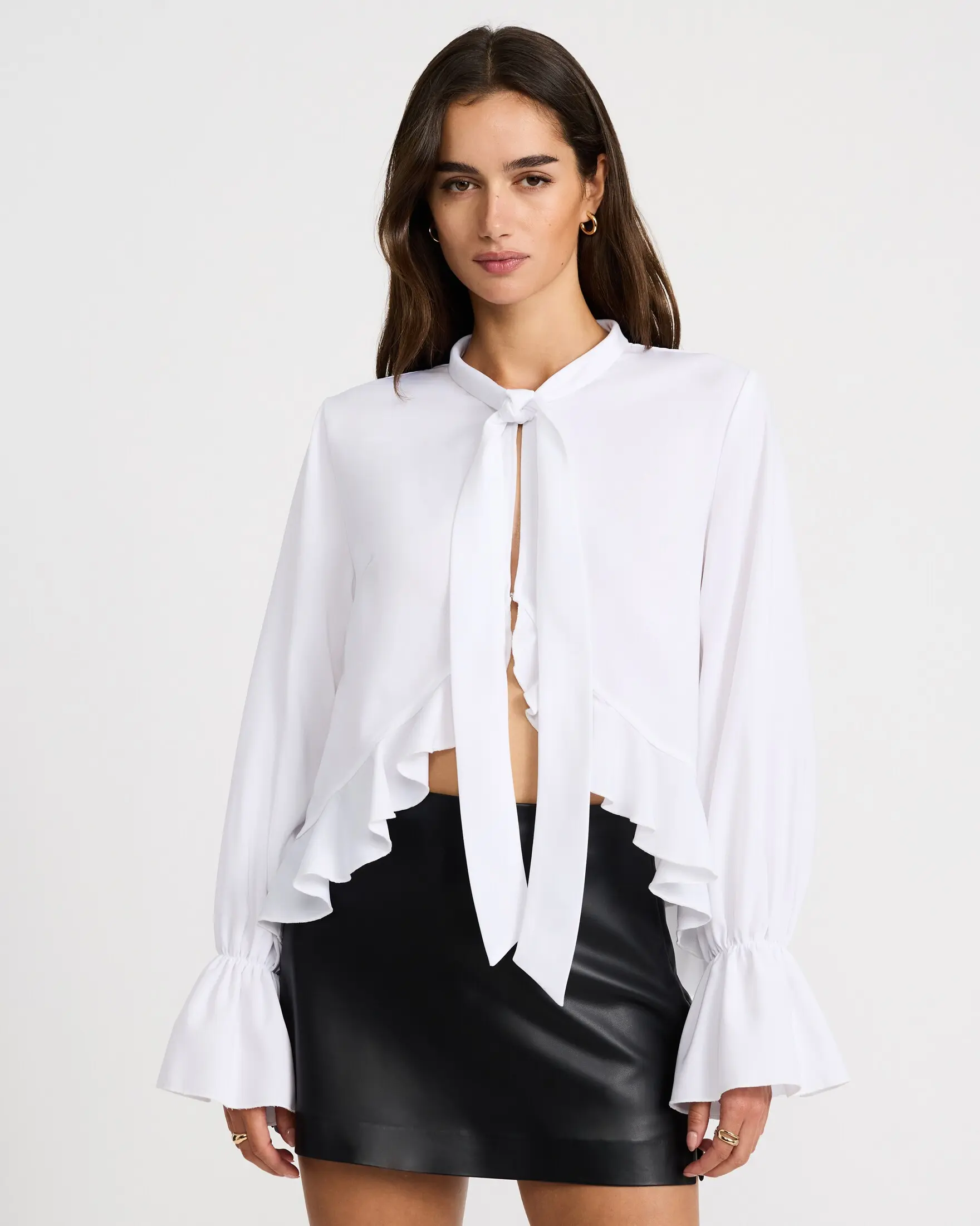 Express Tie Neck Open Front Long Sleeve Ruffle Top