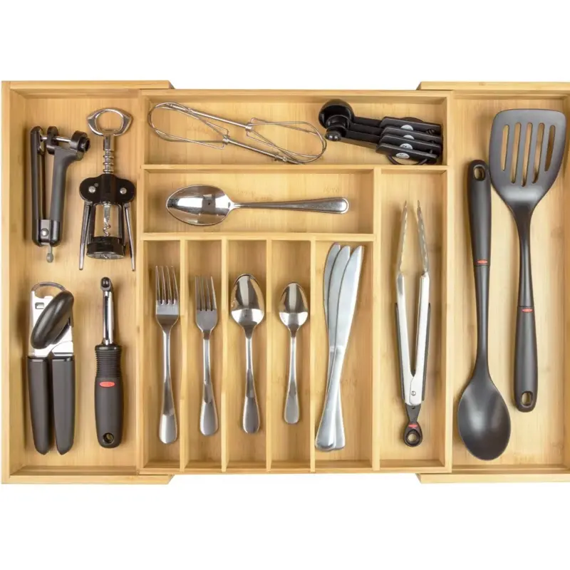 KitchenEdge Premium Silverware Organizer - Bamboo & Rubber Non-Slip, Adjustable Flatware Storage for Kitchen Drawers, 11 Compartments, Expandable from 14 to 25 Inches - Boxes Utensils