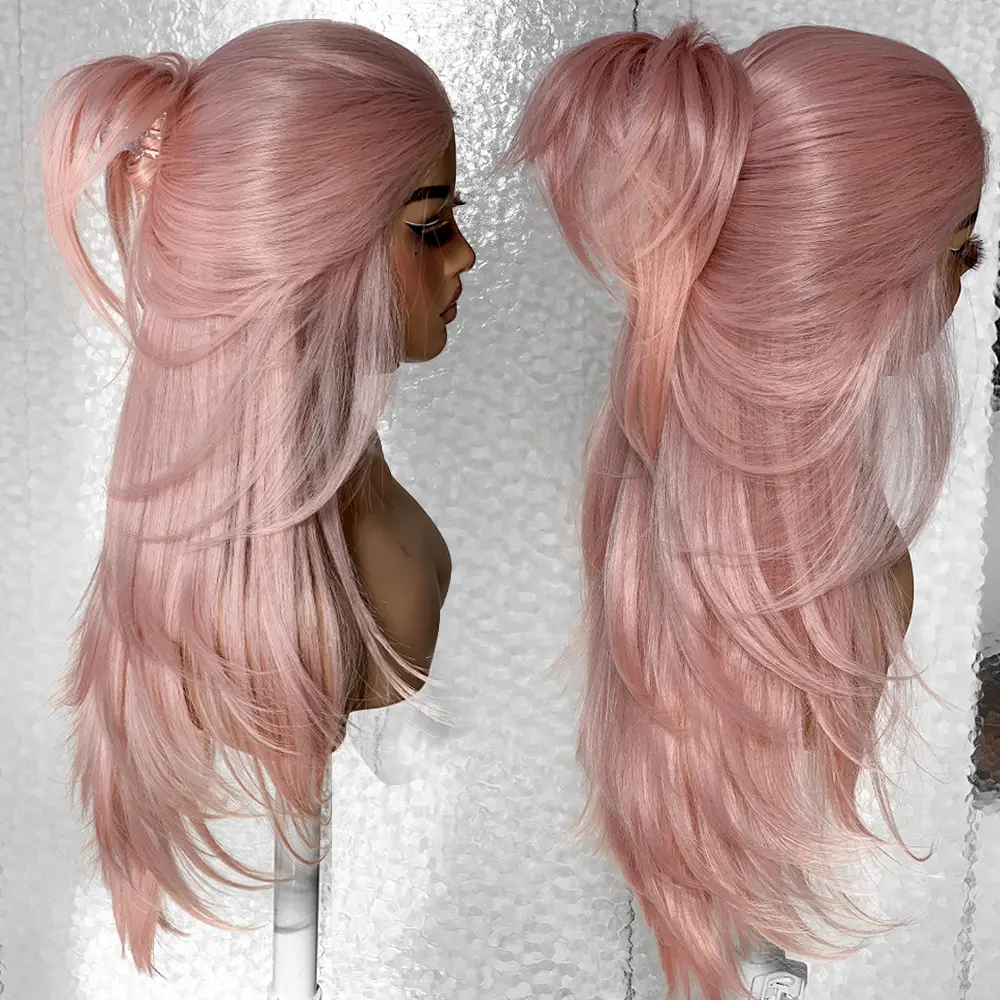 Pink Wig 13x6 HD Lace Layered Pro Max Wig Glueless Pre Plucked Pre Cut Light Pink Synthetic Hair 200% Density with Bangs Vivid Self Growing Clean Hairline Beginners Firendly For Daily Wear,Patry,Summer Events#26inch