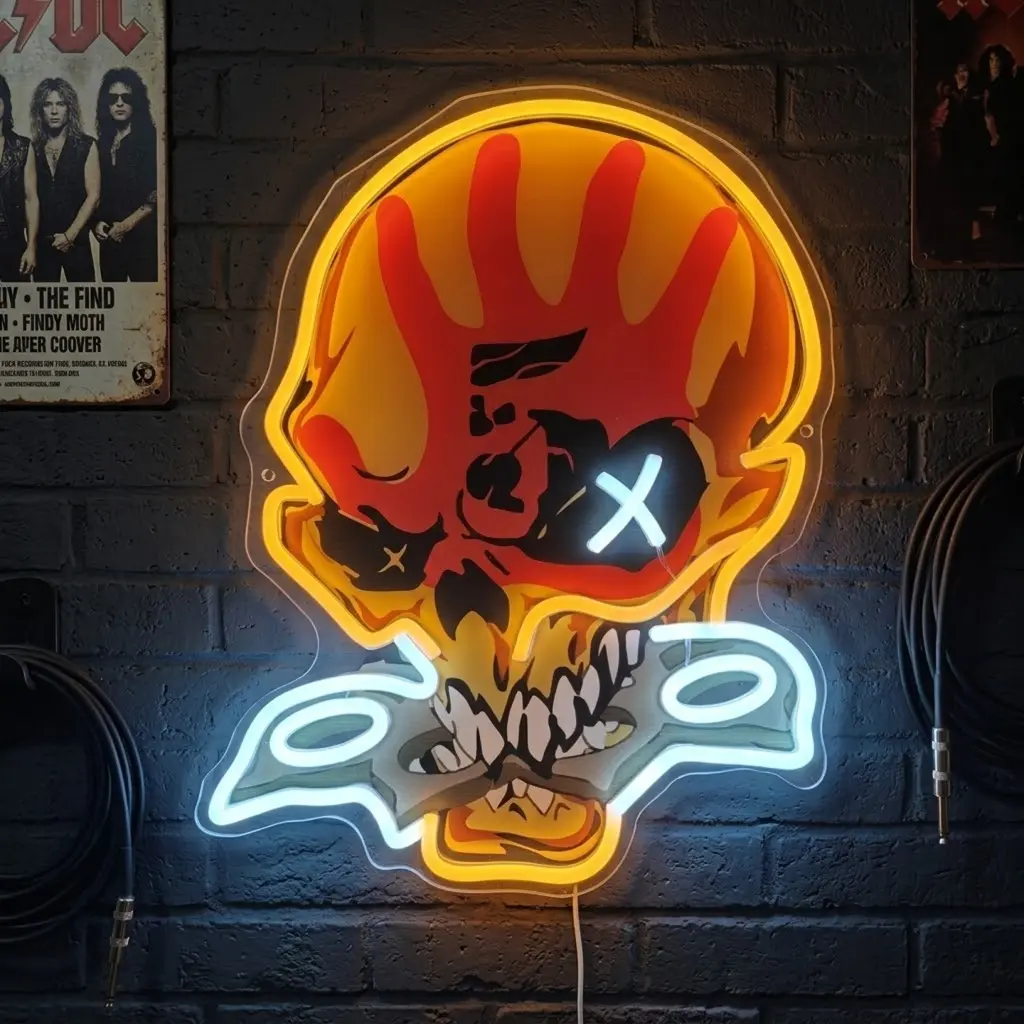 5 Finger Death Punch Dimmable Low Voltage Acrylic LED Neon Light - Custom Knucklehead Skull, Brass Knuckles Wall Decor, Heavy Metal Rock Band Indoor Night Light for Man Cave