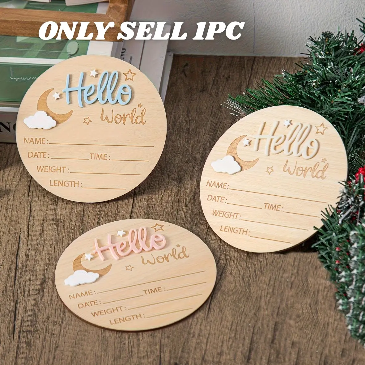 Wooden Hello World Milestone Birth Announcement Sign, Milestone Signs, with Star & Cloud Decor, Vintage Wooden Letter Plaque, Decorative Plaque, Indoor Home Decoration, Home Decor Products, Perfect Gift for Thanksgiving, Halloween & Christmas, Signage
