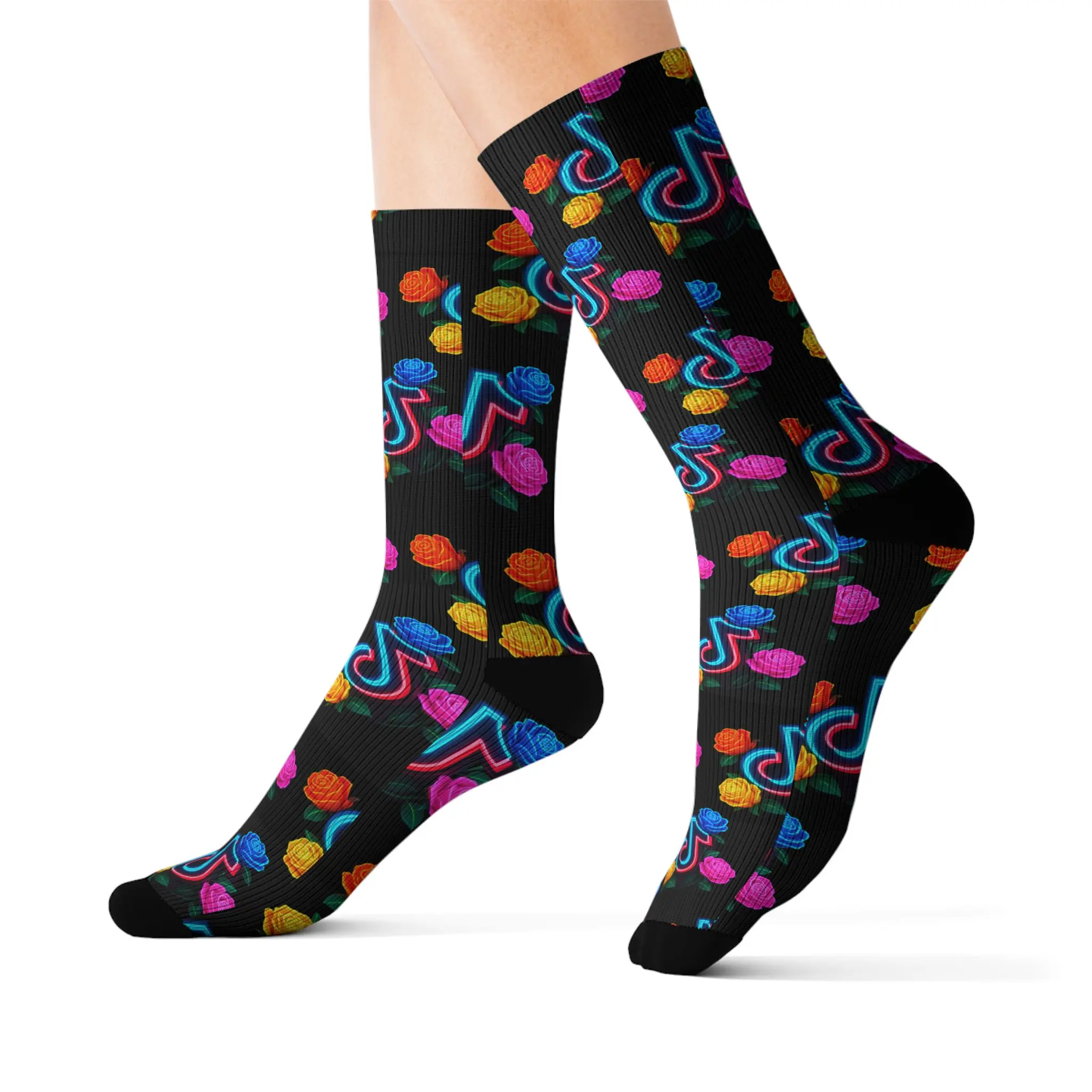 Colorful Music Note Socks | Neon Notes Pattern Crew Socks