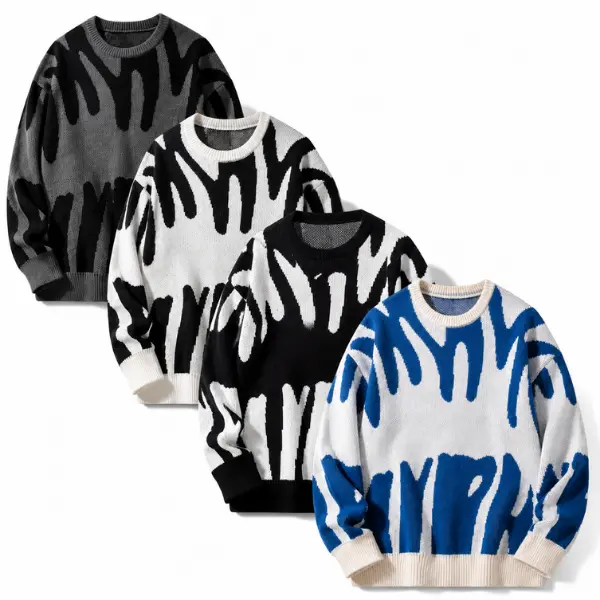 Men's Oversized Crew Neck Knit Sweater, Abstract Graffiti Pattern Pullover, Loose Fit Long Sleeve Jumper, Streetwear Casual Knit Top, 4 Colors Available