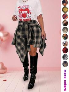 women's fashion style plaid print asymmetrical hem high waist skirt, casual comfort elastic waist tiered layer knee length skirt for summer going out streetwear, fashionable trendy plaid skirt, womenswear everyday bottom