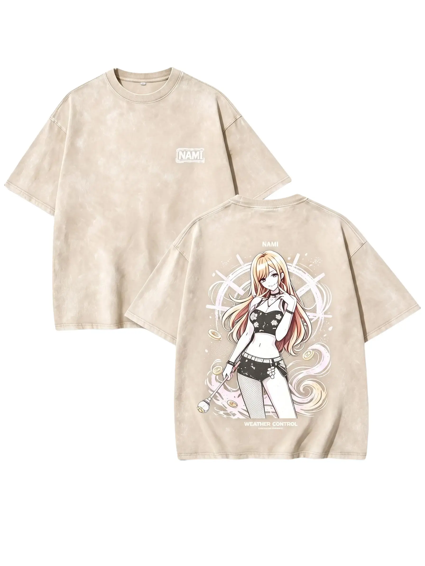 Men's Vintage Washed 100% Cotton Oversized Crew Neck Short Sleeve Anime Graphic Tee - Nami Weather Control Print, Front Text Logo, Back Character Art Streetwear Top graphic tees vintage t shirts