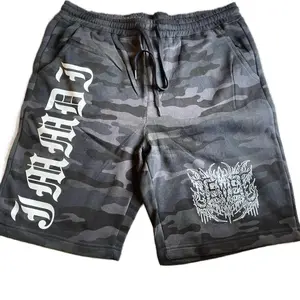 Men's Black Camo Fashion Menswear Stylish Loose-Fitting Jewel Shorts with Old English Design and Pocket