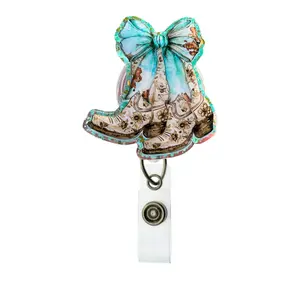 Western Teal Cowgirl Boots Badge Reel – Handmade Western ID Clip with Floral Bow – Cute Retractable Holder for Nurses, Teachers, Office Staff & Country Fans