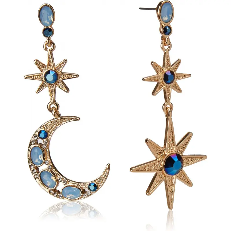 Women's Celestial Moon and Star Asymmetrical Crafted Drop Earrings - 1 Pair, Crystal-Accented Post Back Costume Jewelry for Adults