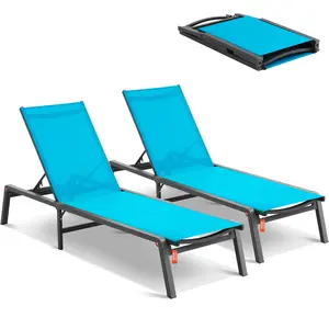 【Father's Day】VEVOR Chaise Lounge Chairs Outdoor, Aluminum Patio Lounge Chairs with Adjustable 5-Position, Folding Pool Lounge Chairs Recliner and Full Flat Tanning Chairs for Patio, Beach, Pool, Blue, 2 pcs