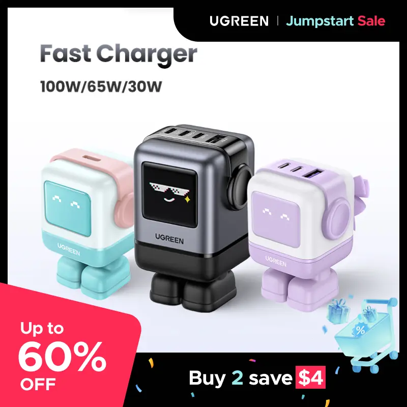 UGREEN Uno 100W/65W/30W/USB C Charger 3/4-Port Robot GaN Fast Charger PPS PD3.0 for iPhone 17 16 15 14 Pro Max, Galaxy S24/S23 Ultra, Fast Charge for Laptop Macbook Air-Black Friday Electronic Charging,TikTokShopBlackFriday ,Tiktokshopstockup 