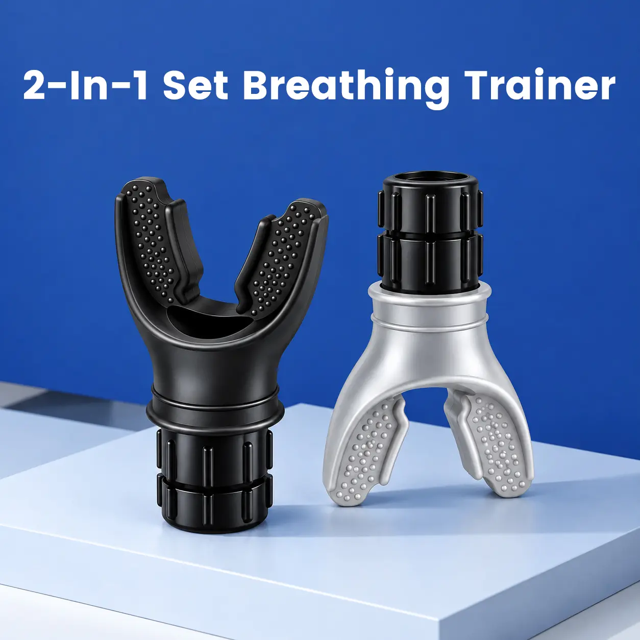 2-Pack Adjustable Breathing Trainer for Adults, 1 Black & 1 Gray, Rotary Resistance Dial, Silicone Mouthpiece, Portable for Running & Fitness