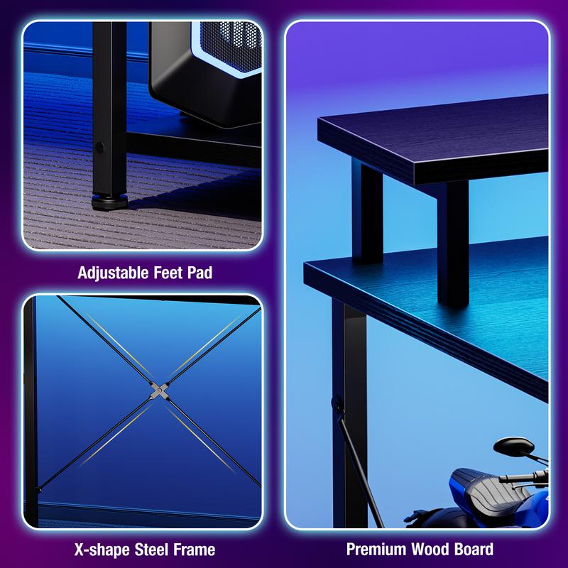 48 inch Gaming Desk with LED Lights & Power Outlets, Computer Desk with Monitor Stand & Storage Shelves, CPU Stand, Home Office Desk