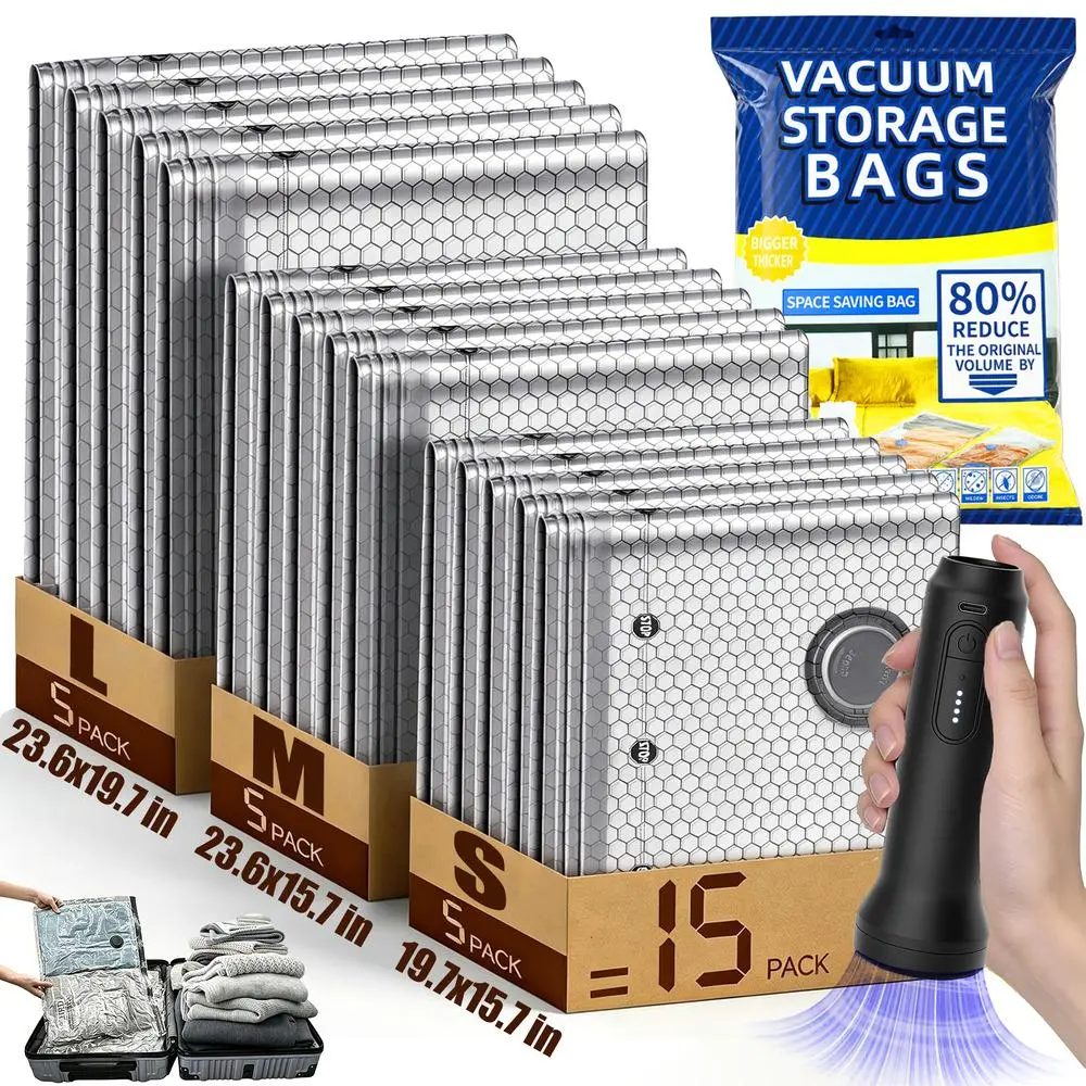 Multi-Pack Travel Vacuum Seal Compression Storage Bags with Wireless Rechargeable Hand Pump, 3 Sizes 9/15/20/24 Count, Insect Resistant Reusable Luggage Packing Organizer