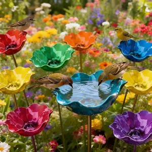 Handmade Metal Flower Garden Stake, Flower Bird Bath Stakes, Bird Feeder Garden Decor, Bee Water Cup,Deck Decor, Ornamental Bird Bath6*24 IN