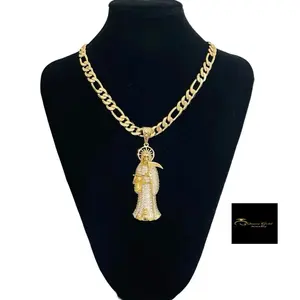 Holy Death Chain for Man - Gold Plated Figaro Chain with Iced Out Saint Pendant