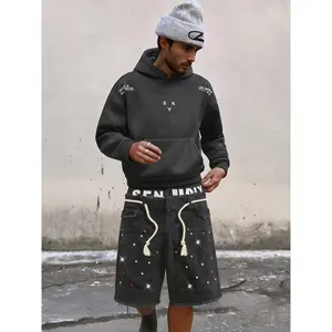 Men's Cotton Blend Oversized Graphic Hoodie and Rhinestone Denim Shorts Set, Streetwear Casual Outfit for Men