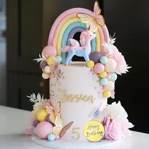 XY-SO44 47 PCS Unicorn Cake Topper Unicorn Rainbow Cake Decorations with Rainbow Butterflies Unicorn Balls Happy Birthday Cake Decorations for Boys Girls Kids Birthday (Style 2)