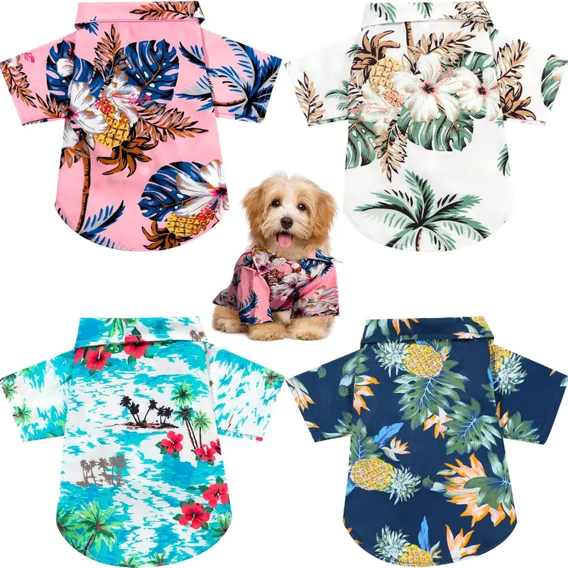 M Size 4-Pieces Puppy T-Shirts, Hawaiian Style Floral Coconut Tree Design (4 Colors), Soft Breathable Cool Button Closure Beach Party Pet Apparel (Beauty & Personal Care)