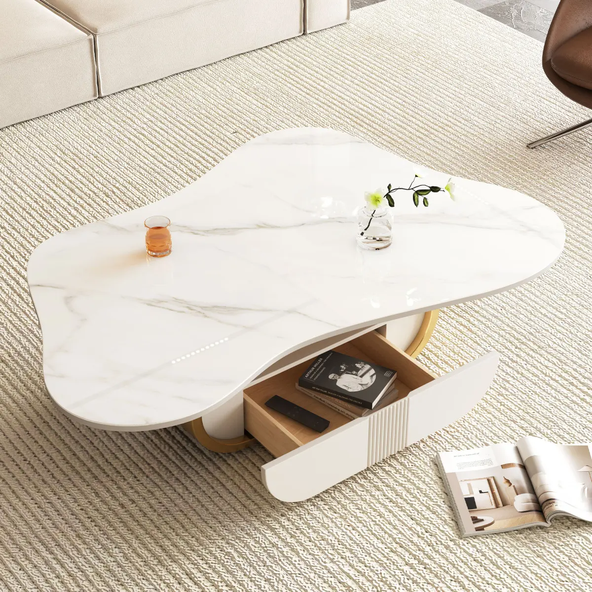 [Bellemave] Modern Butterfly Coffee Table with Sintered Stone Top, Oval Center Table with Storage Shelf & Drawer, Stainless Steel Base & MDF Cabinet