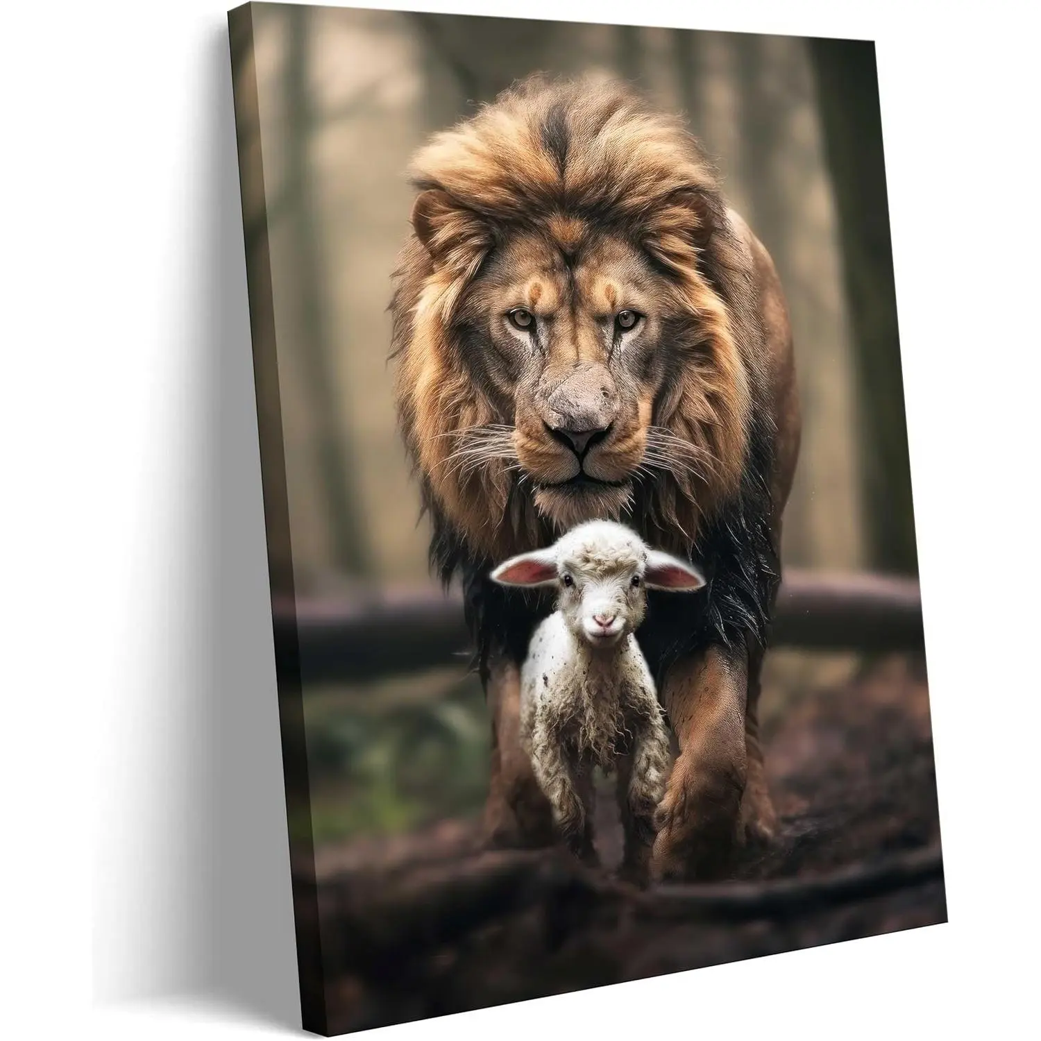 Framed Lion and Lamb Canvas Wall art Christian Jesus Lion King Poster Print God Religious Artwork Church Wall Decor Pictures for Living Room Bedroom Decoration savior wall Ornaments Artistic Photo