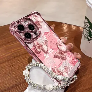 Newspaper Butterfly Pattern Women's Phone Case for iPhone 11/12/13/14/15/16/17 Pro Max,14/15/16 Plus,X,&XS Max. Features a pink chrome alloy frame, high-definition transparent material, reinforced corner protection, and full-body drop-resistant design.