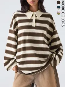 Women's Brown Striped Polo Neck Long Sleeve Sweatshirt, Womenswear, Vintage Casual Style, Loose Fit Comfortable Daily Wear, Spring Fashion