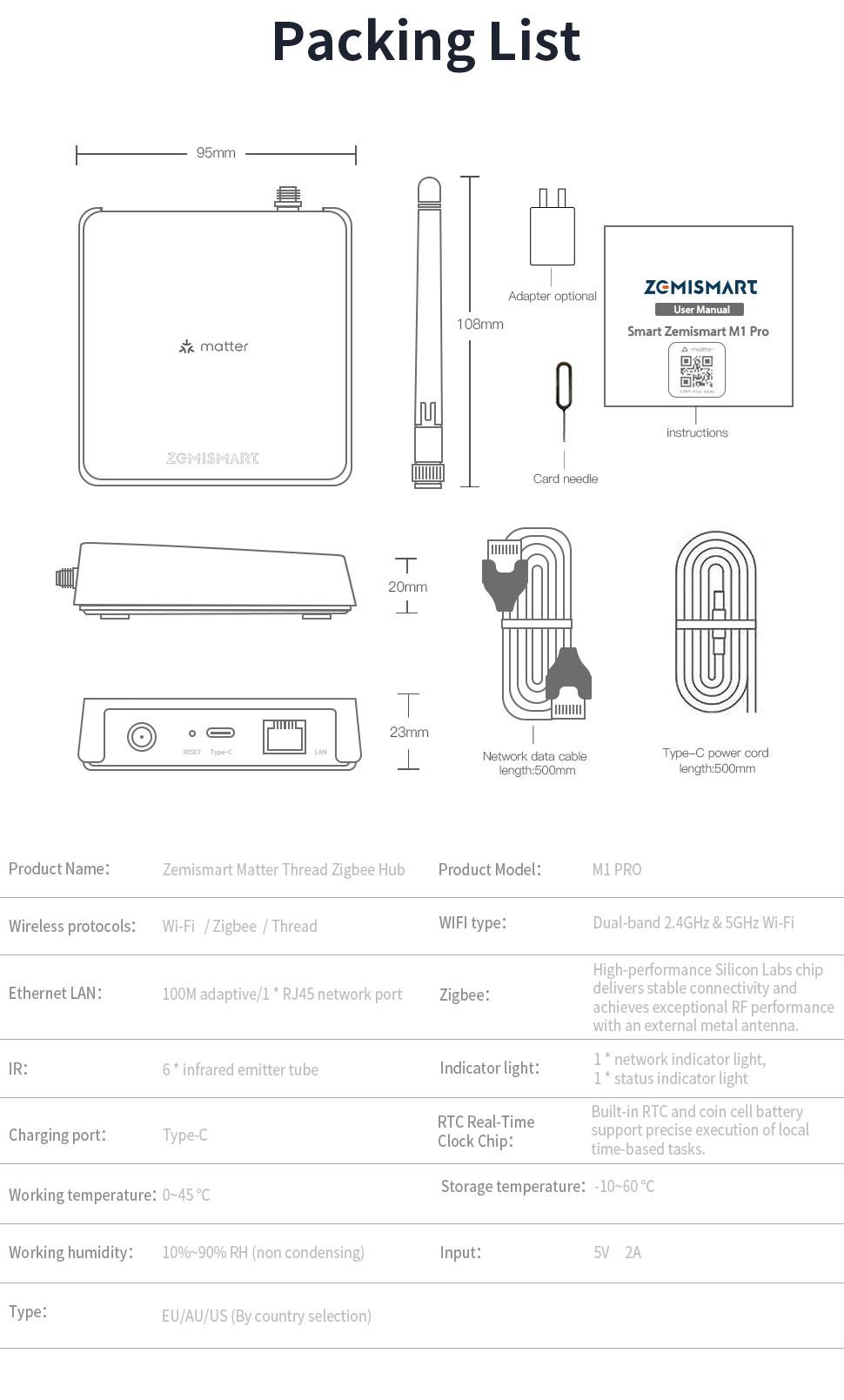 Zemismart Matter Wireless Hub Built in IR Thread Zigbee Tuya Bridge Integrates with Home Google SmartThings Home Tuya Control M1 Pro